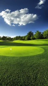 Sunlit golf green under bright skies and drifting clouds.