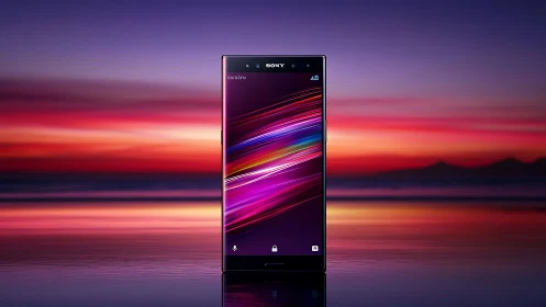 Sony Xperia Smartphone Neon Display Against Sunset Backdrop.