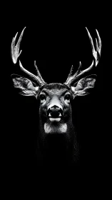 Monochrome frontal portrait of stag head on black ground.