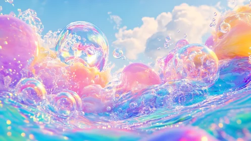 Iridescent liquid surface holds translucent bubbles under sky