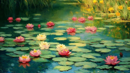 Water lilies drift like whispered thoughts across sunlit pond