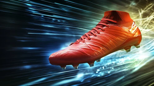Sleek red football boot racing through electric light trails.