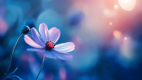 Delicate cosmos flower suspended in soft blue and pink bokeh light.