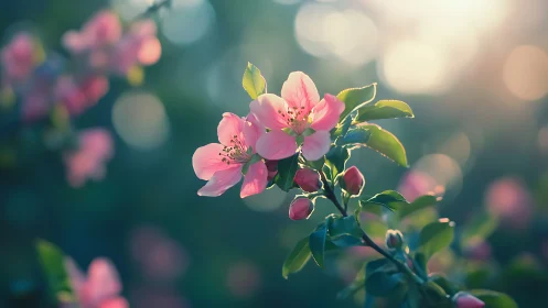 Soft dawn applauds a spray of pink blossoms in bloom