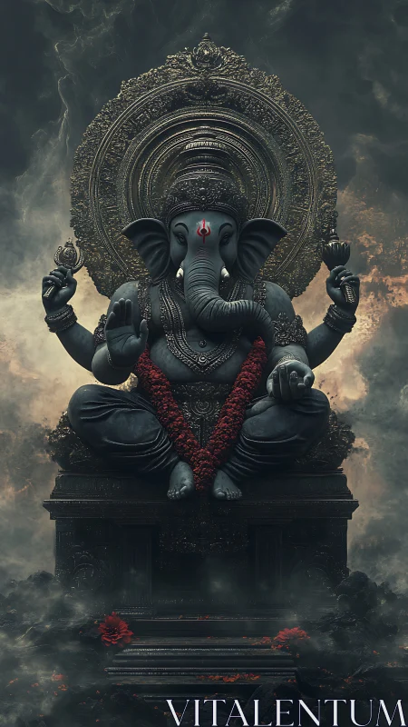 Stormlit Ganesha idol crowned in haloed bronze majesty.