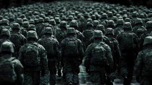 Endless March of Silent Soldiers in Steel Green Dusk.