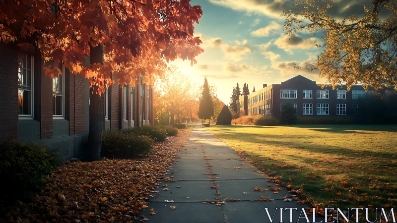 Warm autumn sun gently lights a quiet college walkway
