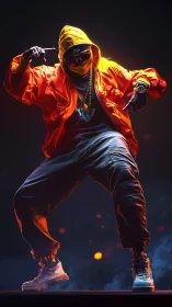 Streetwear dancer in orange jacket under dramatic light.