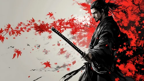 Samurai swordsman stands with katana amid red maple leaves
