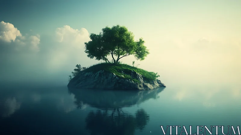 Solitary Tree on Rocky Island Amid Tranquil Waters