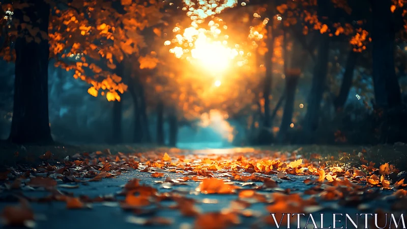 Autumnal Forest Pathway: Golden Hour Bokeh Composition with Deciduous Canopy.