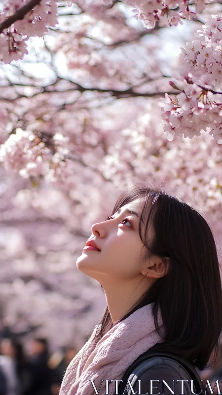 Portrait under shallow‑depth cherry blossoms uses soft bokeh rendering
