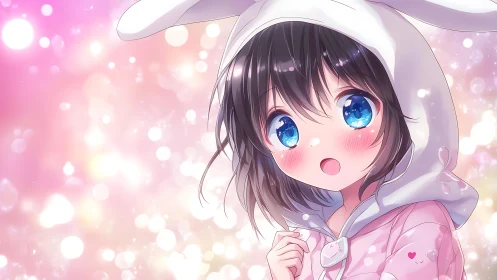 Pastel bokeh anime portrait of girl in white bunny hoodie