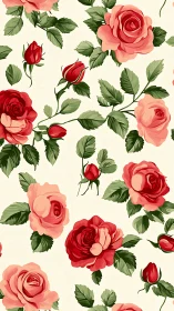 Vintage red and pink rose pattern repeats on cream ground