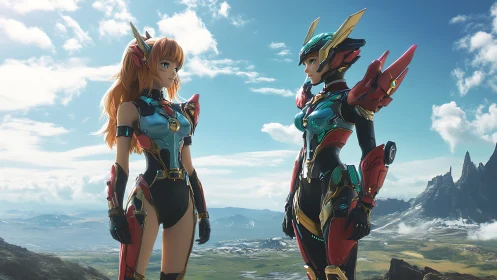 Dual mecha-armored anime heroines in highland vista confrontation