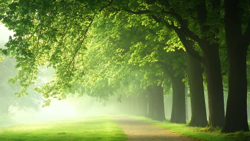 Sunlit forest path under vivid green canopy in mist