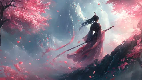 Samurai princess stands beneath cherry blossoms in drifting mist