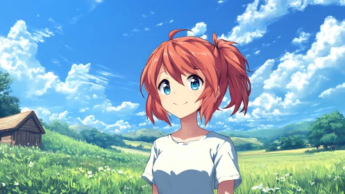 Red haired anime girl in rural summer meadow landscape.