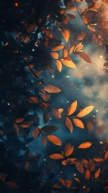 Golden leaves drift gently through a dreamy twilight forest