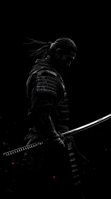 Backlit samurai silhouette with katana and red petal accents