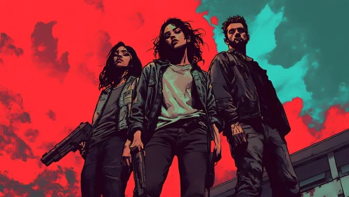 Armed trio under red cyan sky in dramatic comic style.
