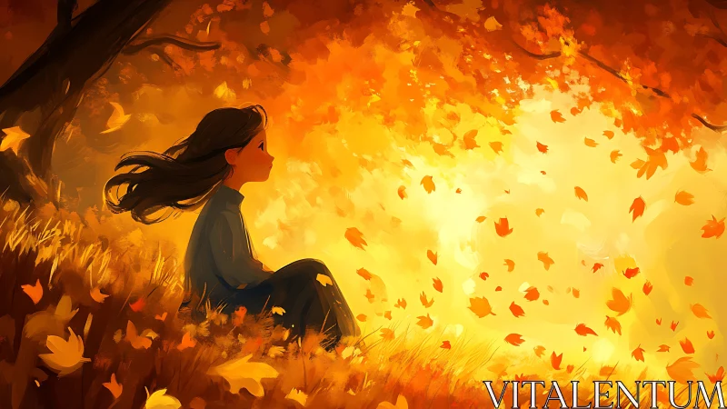 Girl seated under autumn tree amid swirling foliage.