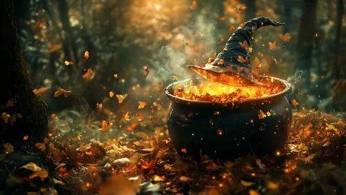 Enchanted witch’s cauldron blazes in an autumn forest.
