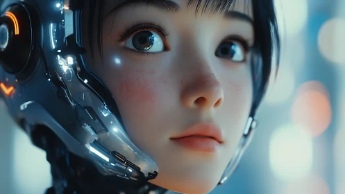 Soft-eyed android girl in luminous cybernetic portrait.