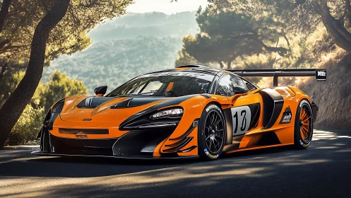 Orange race car on forest road in bright daylight.