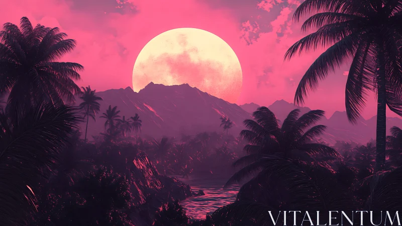 Neon pink tropical sunset bathes palm-fringed mountains in glow
