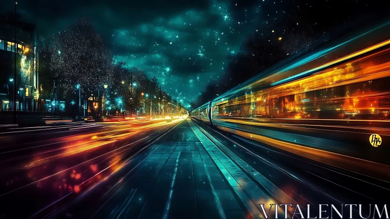 Neon train streaks through night city with long exposure light