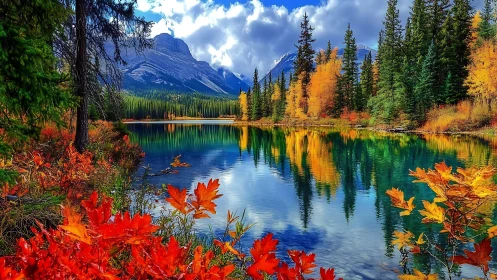 Vivid alpine lake mirrored by autumn forest and peaks.