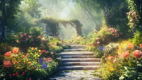 Formal garden pathway with flowering boundaries and architectural elements.