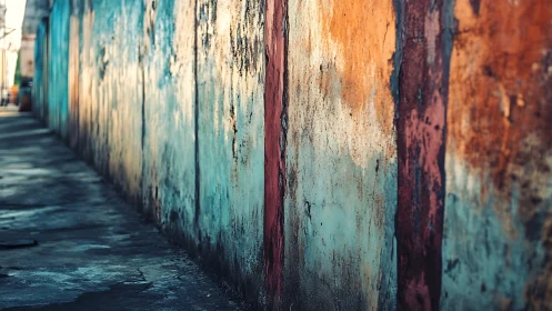 Weathered concrete corridor with chromatic patina gradients.