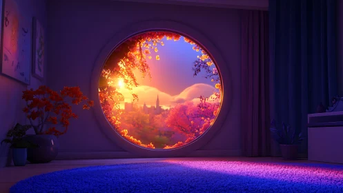 Circular portal window framing volumetric sunset skyline.