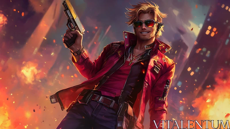 Smirking gunslinger strolling through neon city firestorm.