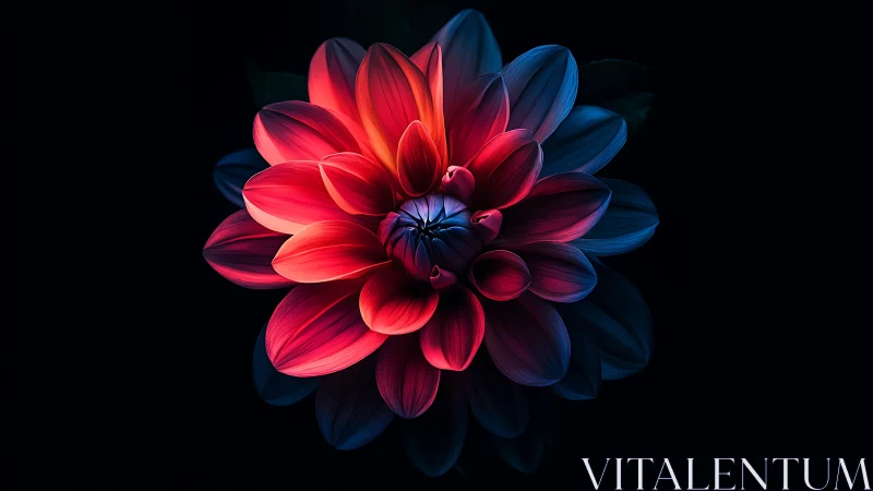 Luminous Dahlia Bloom With Neon Red and Deep Blue Petals