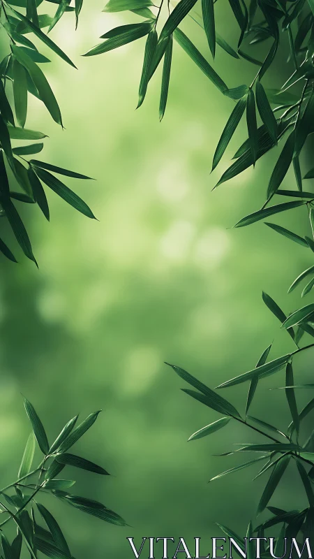 Bamboo leaves frame with soft green bokeh background.