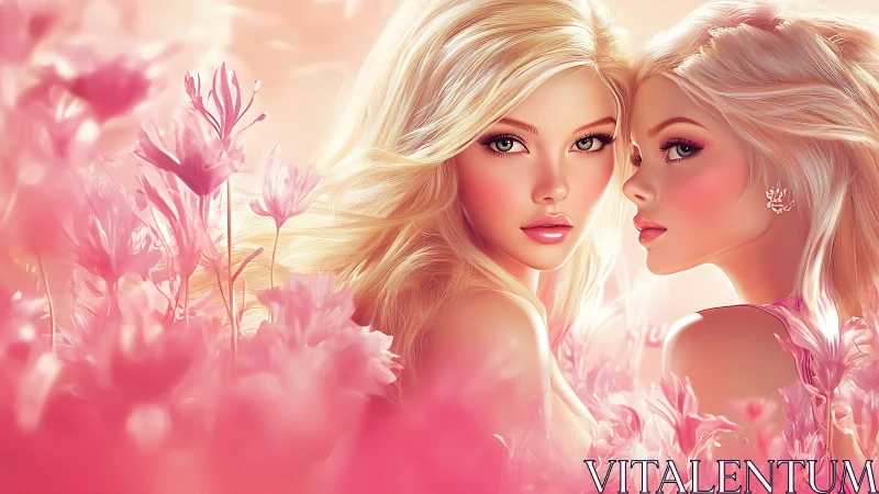 Two blonde figures positioned in profile against pink floral background