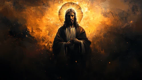 Radiant Christ icon framed by infernal gold atmospheric glow