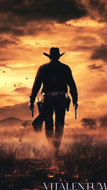 Lone gunslinger strides into molten sunset over wild plain