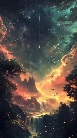 Starlit waterfalls spill like comets into a dreaming valley