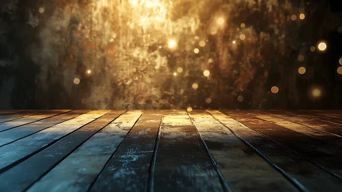 Weathered wooden floor under warm cinematic bokeh glow