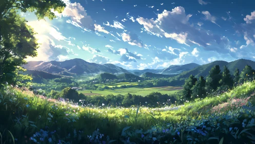 Sunlit agricultural valley framed by floral hillside panorama.