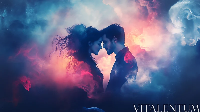 Two silhouetted figures facing each other within luminous cloud formations