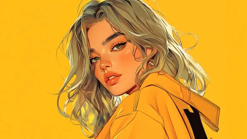 Warm-toned digital portrait of blonde woman in yellow jacket.