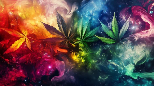 Colored cannabis leaves on swirling multicolor abstract background.