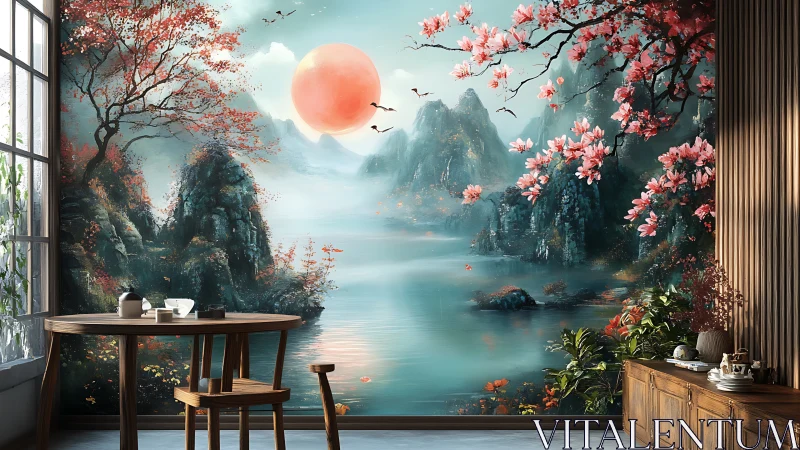 Serene lake mural blends cherry blossoms with glowing moonlight