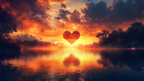 Heart silhouette positioned against sunset gradient.