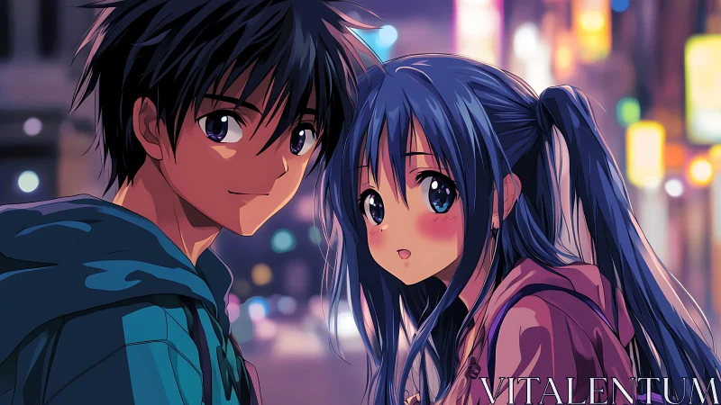 Anime couple walks through blurred neon city night street
